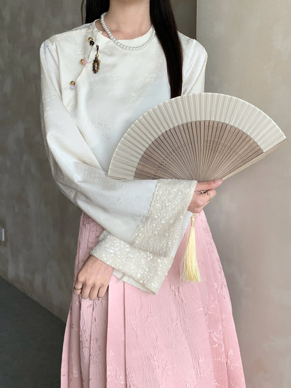 「点春枝」Satin-lined shirt / Modified hobble skirt Set