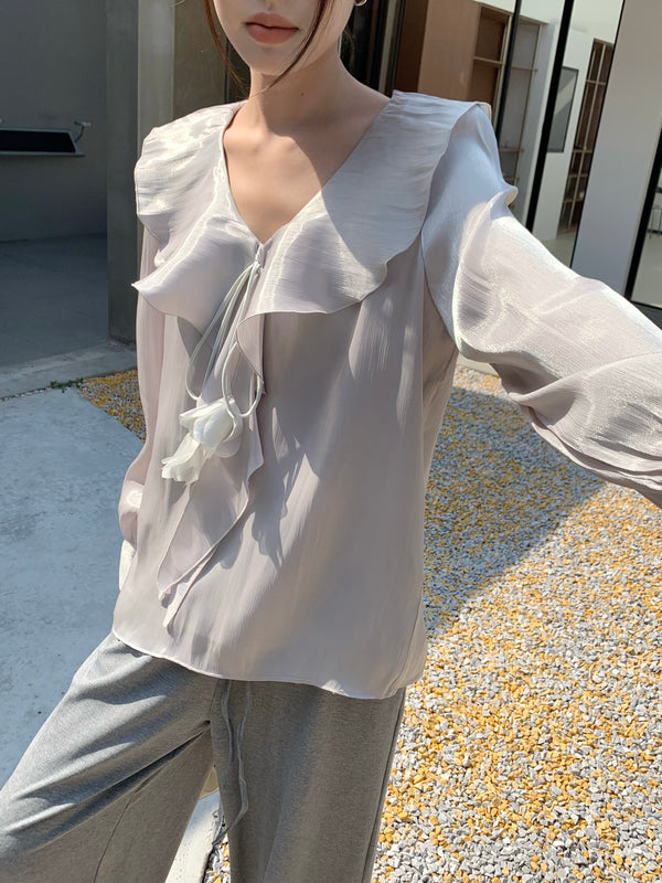 素澜 / Ruffled V-Neck Chiffon Blouse