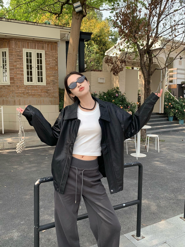 月影 / Black Faux Leather Jacket
