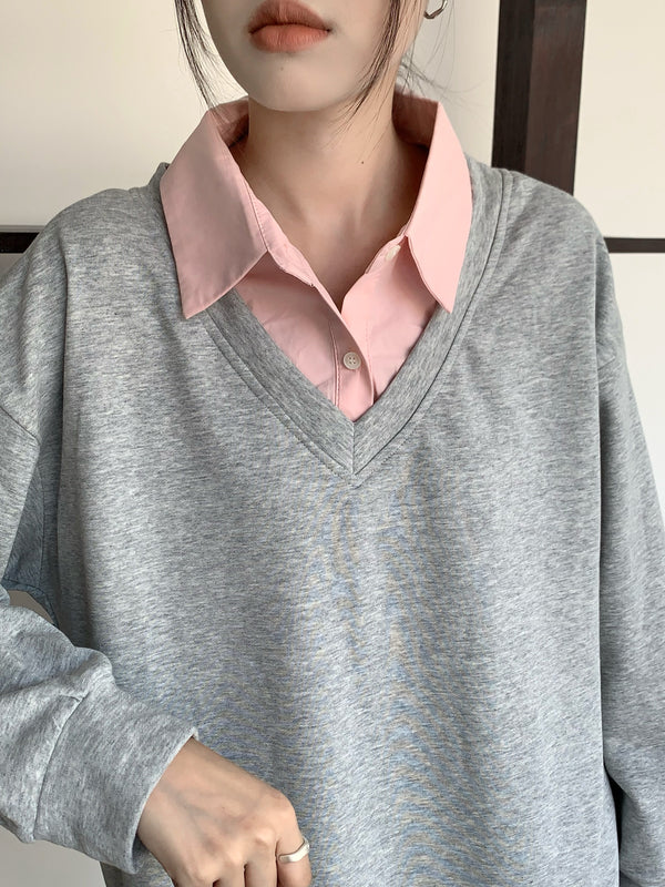 素羽 / Colorblock Faux Two-Piece Sweatshirt