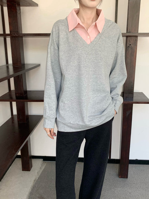 素羽 / Colorblock Faux Two-Piece Sweatshirt