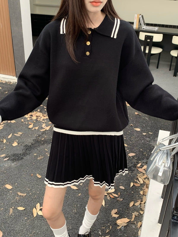 月珂 / Polo Collar Sweatshirt & Pleated Skirt Set