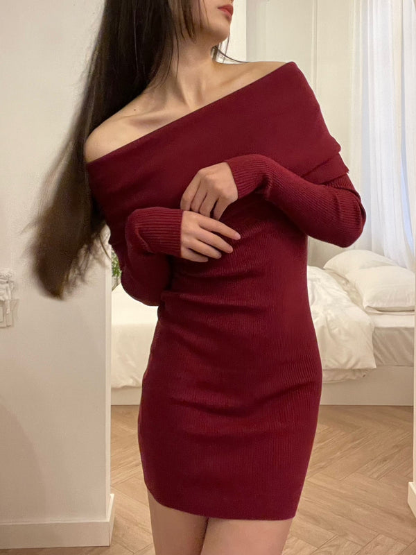 复活「红丝绒蛋糕」Off-shoulder Knit Dress